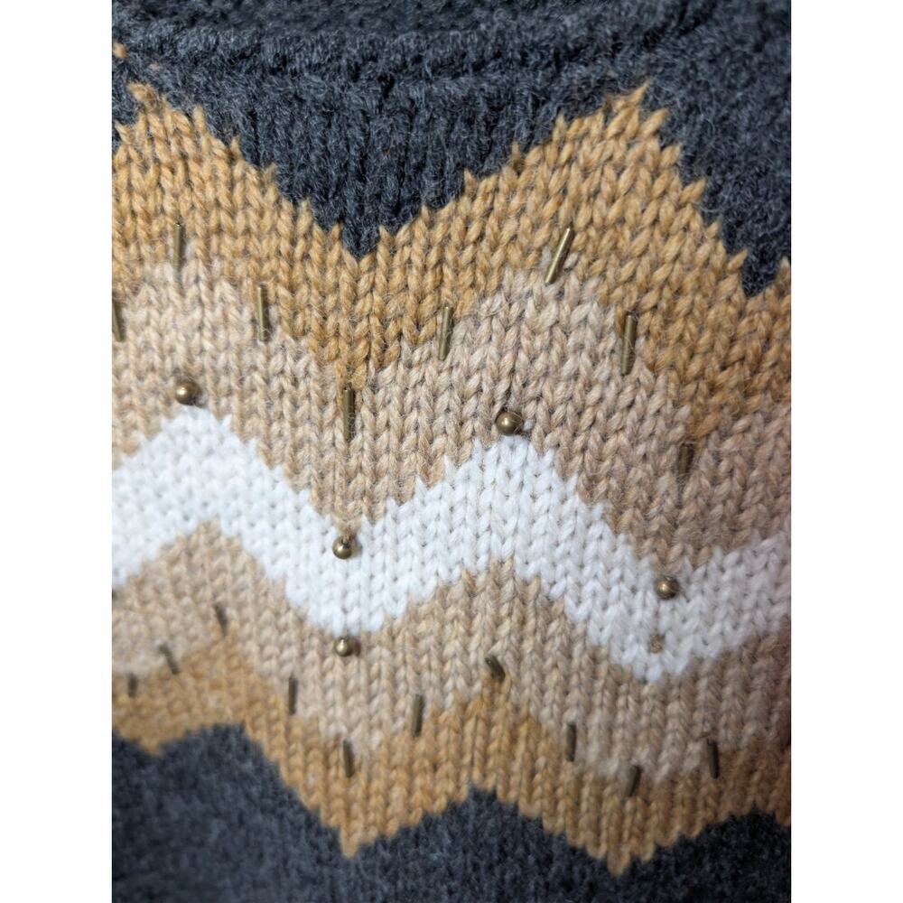 J. Jill Large Gray Brown Wool Knit Sweater Long Sleeve Crew Neck Embellished L - Picture 4 of 14